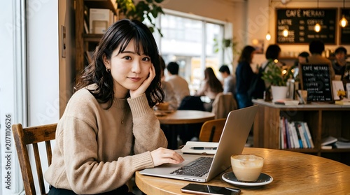 Cozy portrait of a relaxed young Asian woman leaning on her hand with a laptop at a window seat in a cafe