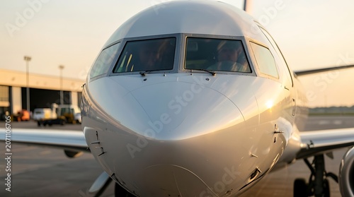 Close up view of a white jet airplane at the gate preparing for boarding at the airport terminal.
