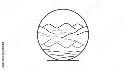 Abstract circular hills and water reflection art.