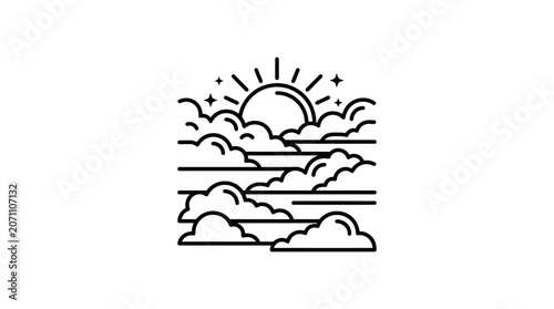 Rising sun over ocean waves and clouds line art.