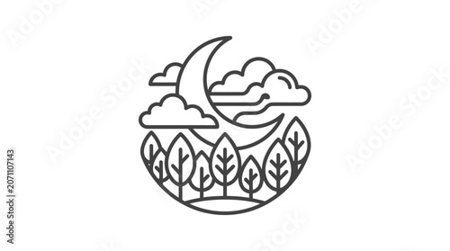 Circular moonlit forest and river line art badge
