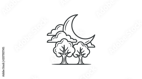 Minimalist moon and trees line art landscape icon