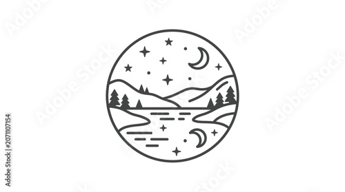Circular night landscape with moon and stars line art.