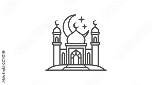 Mosque silhouette with minarets and crescent moon line art