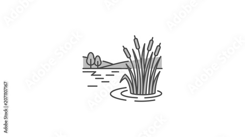 Riverbank scene with cattails and distant hills landscape.