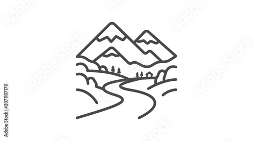 Winding path leading to mountain peaks line art.