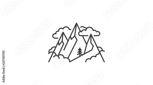 Minimalist mountain peaks and single pine tree line art.