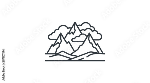 Minimalist mountain range with clouds line art.