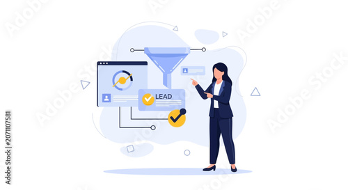 Businesswoman analyzing lead generation funnel with data dashboard and analytics
