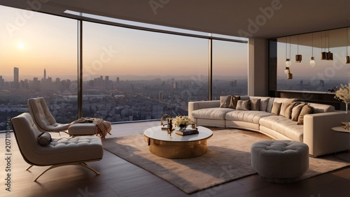 Modern Luxury Living Room Interior With Panoramic Sunset View Over The City Skyline