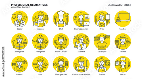Bild auf Leinwand Professional Occupations Icons: Doctor, Engineer, Chef, Businesswoman, Artist, T