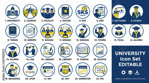 University Icons Set: Education, Graduation, Research, Study, Campus Life
