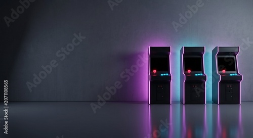 Generic retro arcade cabinets against dark wall with copy space
