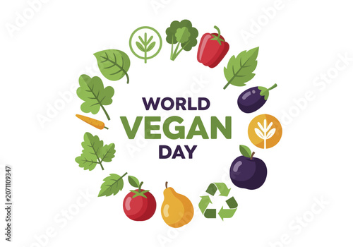World Vegan Day celebration with fresh fruits and vegetables in a circular frame.