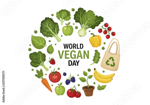 World Vegan Day celebration with fresh fruits and vegetables in a circular arrangement.