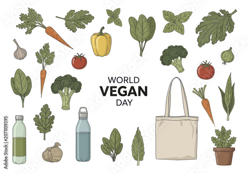 World Vegan Day celebration with fresh vegetables, herbs, and eco-friendly accessories.