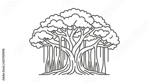 Detailed line art of large banyan tree with roots