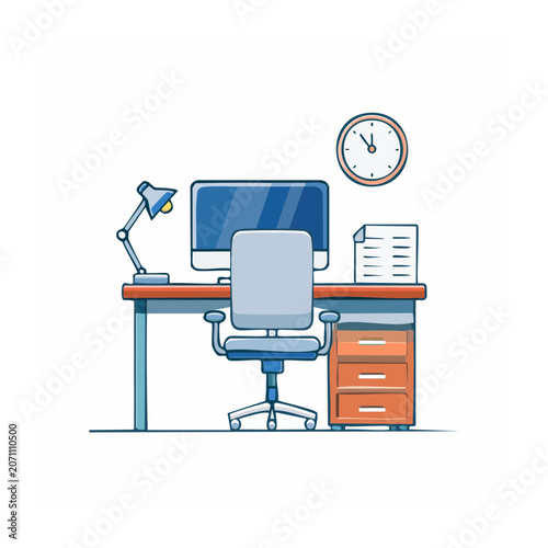 Flat design office desk with computer, chair, and lamp