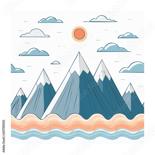 Flat design mountain range with sun and clouds