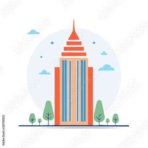 Flat Illustration of a Tall Skyscraper with Trees and Clouds