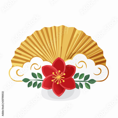 Japanese New Year Decoration with Fan, Flower, and Clouds