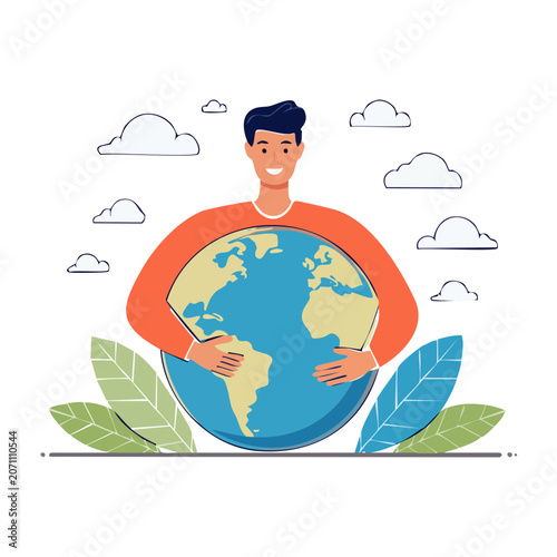 Man holding planet Earth with clouds and leaves