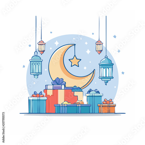 Ramadan gifts with crescent moon and lanterns