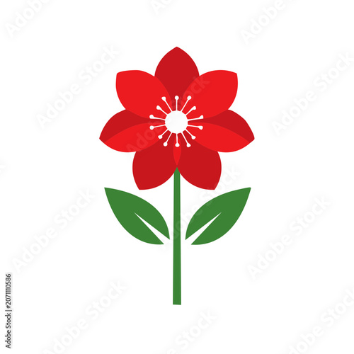 Red flower with green leaves flat vector illustration
