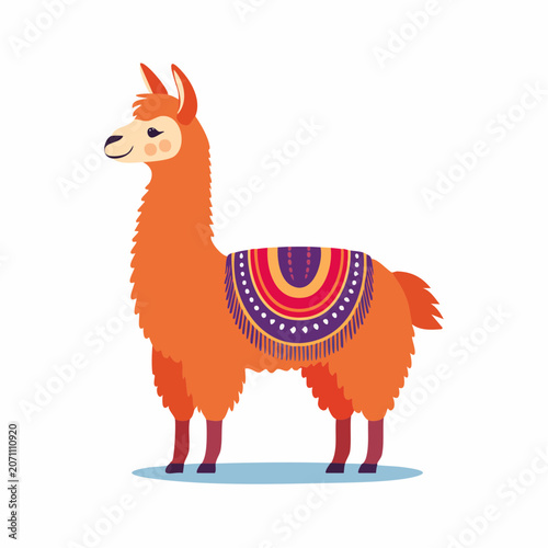Cute orange llama with colorful saddle blanket