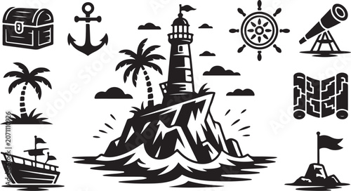 Nautical icons set, black and white, vector graphics, lighthouse, treasure, ship, anchor