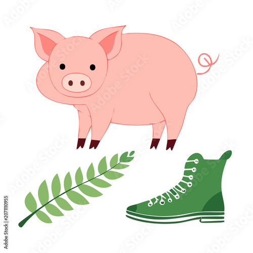 Cute pink pig illustration with green leaf and shoe