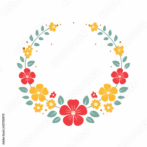 Flat design floral wreath with red and yellow flowers