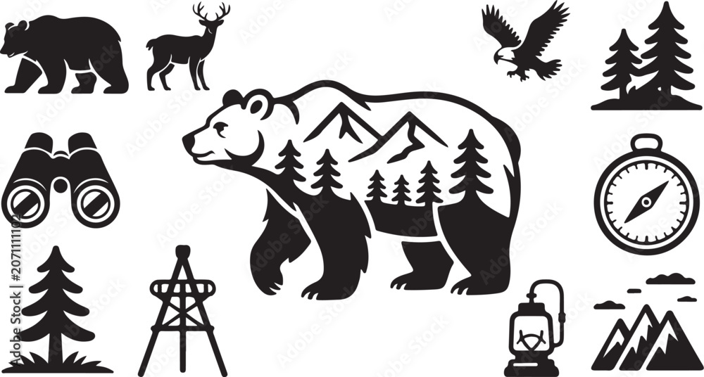 Naklejka premium Wildlife Icons, Outdoor Adventure Symbols, Black Vector Graphics, Camping Illustration Set