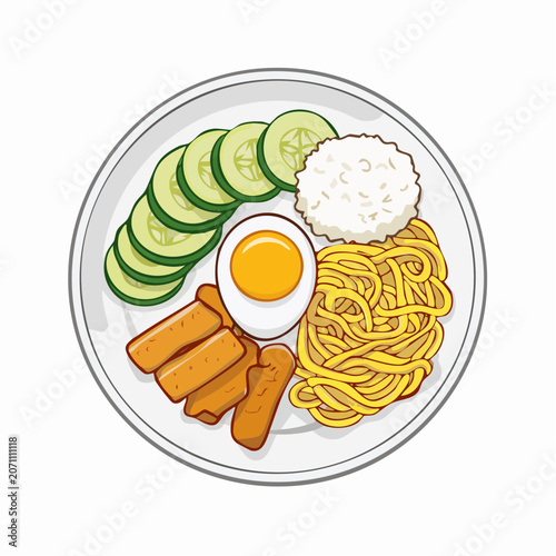 Illustration of a plate with noodles, egg, rice, cucumber and sausage