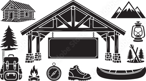 Camping, outdoors, adventure icons, 13 black silhouette symbols, travel collection