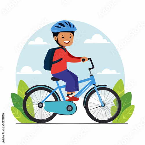Smiling boy in helmet riding a bicycle with backpack