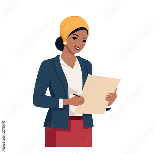 Woman in business attire holding clipboard and pen