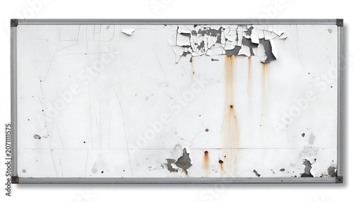 Old weathered whiteboard with peeling paint and rust stains, textured surface, industrial grunge background