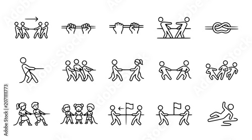 Fotografie Tug of War Icons: Competition, Teamwork, Strength, and Conflict Line Art Set