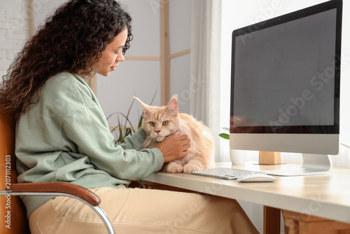 Beautiful young happy African-American woman working with her cute Maine Coon...