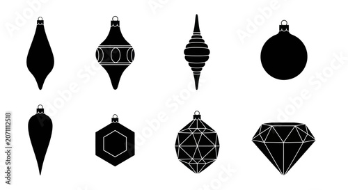 Foto Black silhouette set of Christmas ornaments and diamond