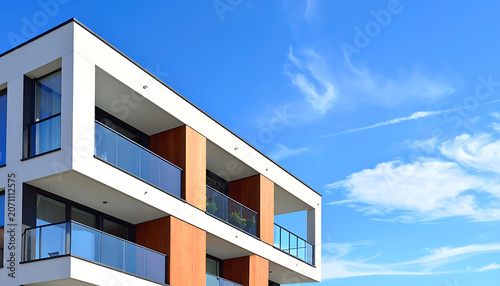 Modern white apartment building with balconies against a bright blue sky with wispy clouds, architectural photography