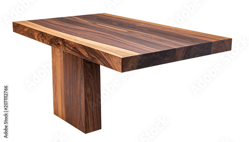 Modern wooden table with striking geometric grain pattern, unique T-shaped pedestal base, natural dark wood texture, isolated on white