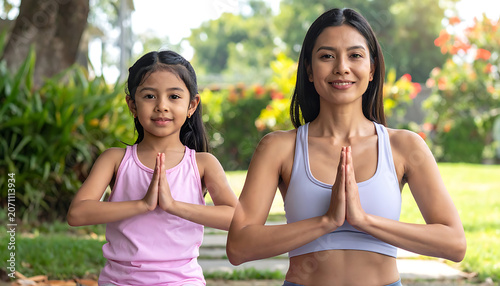Mother and daughter practicing yoga in a garden, hands in prayer pose, promoting wellness and family bonding
