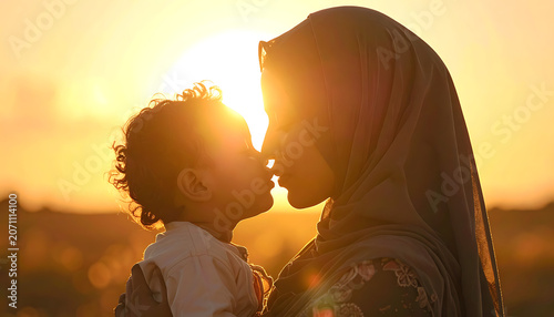 Mother wearing hijab holding baby close at sunset, loving moment, golden hour glow, warm atmosphere