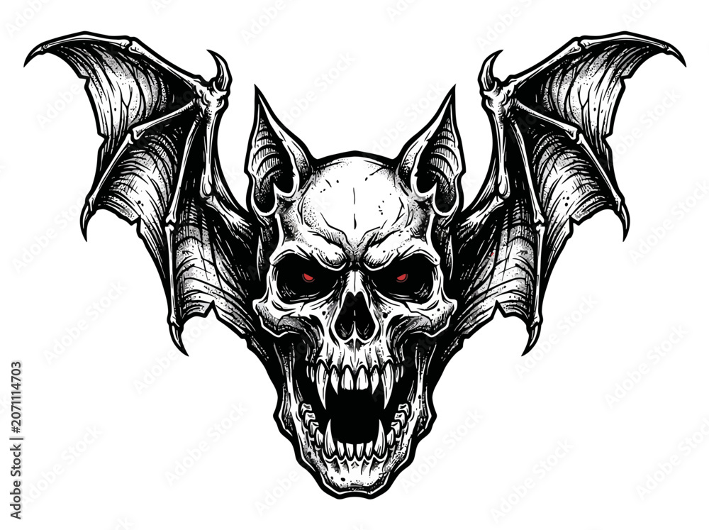 Fototapeta premium A detailed black and white illustration of a vampire bat skull with wings.