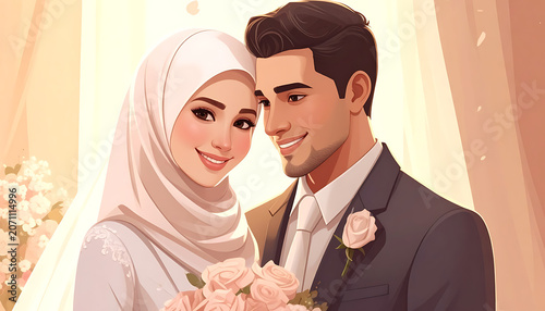 Muslim wedding couple, bride in hijab and groom in suit, holding flowers, celebrating love and union, soft pastel lighting