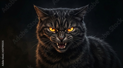 Angry black cat with yellow eyes 1.