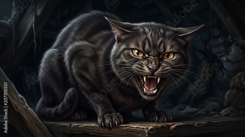 Angry black cat with sharp teeth.