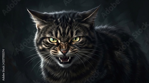Angry black cat with yellow eyes.